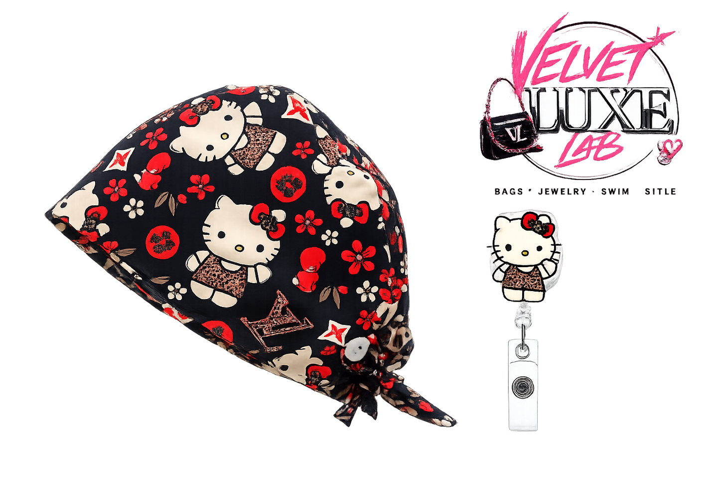 Princess kitty Scrub Cap + Badge Reel set