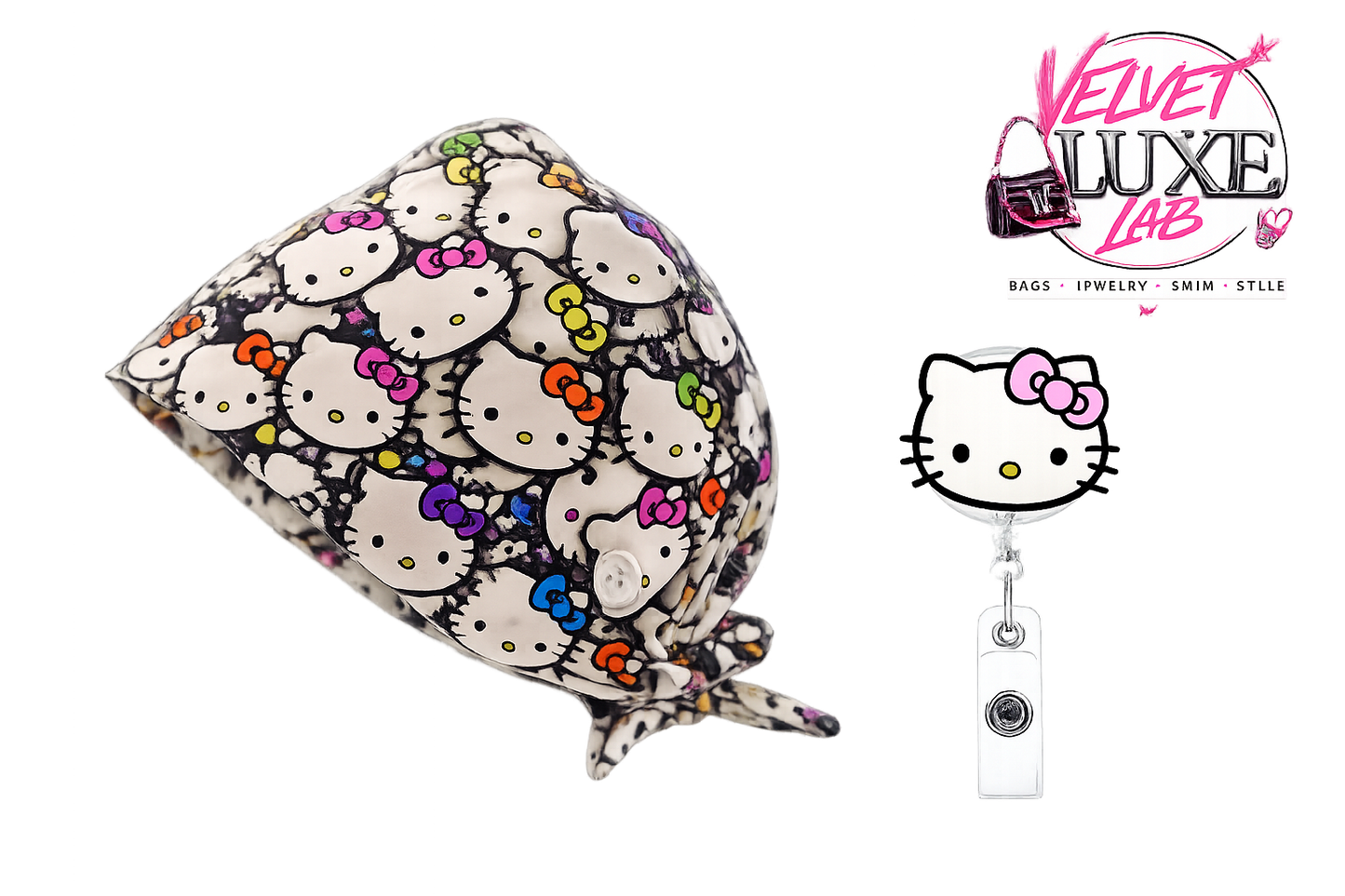 Princess kitty Scrub Cap + Badge Reel set