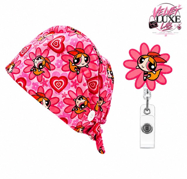 Pop& Puff  Scrub Cap + Badge Reel set