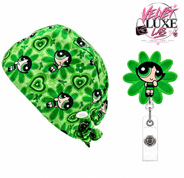 Pop& Puff  Scrub Cap + Badge Reel set