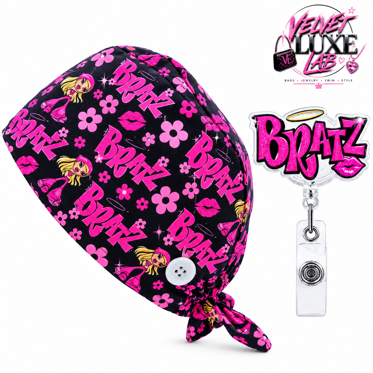 Doll Energy Scrub  Cap + Badge Reel set