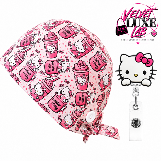 Princess kitty Scrub Cap + Badge Reel set