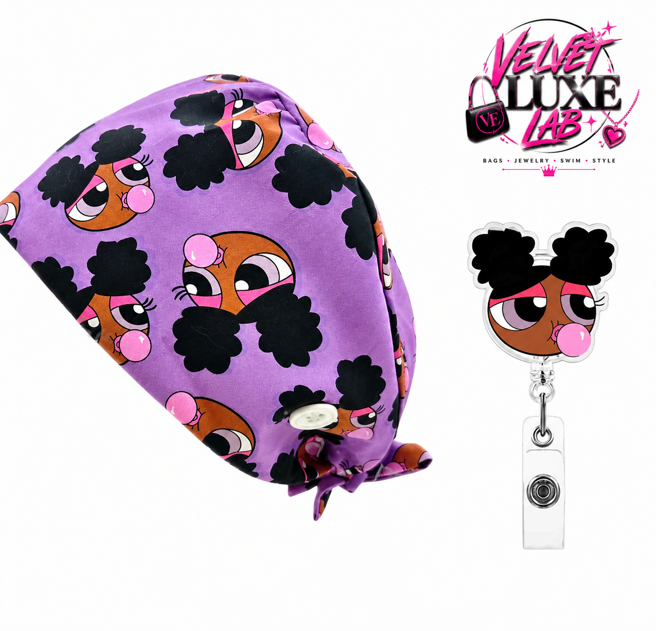 Pop& Puff  Scrub Cap + Badge Reel set